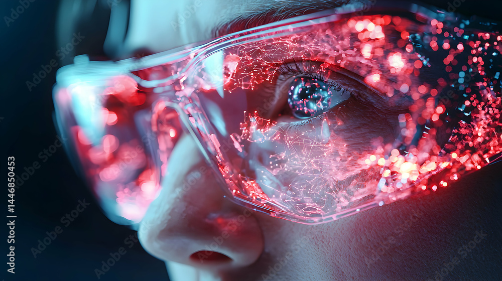 Poster a futuristic image showcases augmented reality glasses. the image suggests immersive digital experie