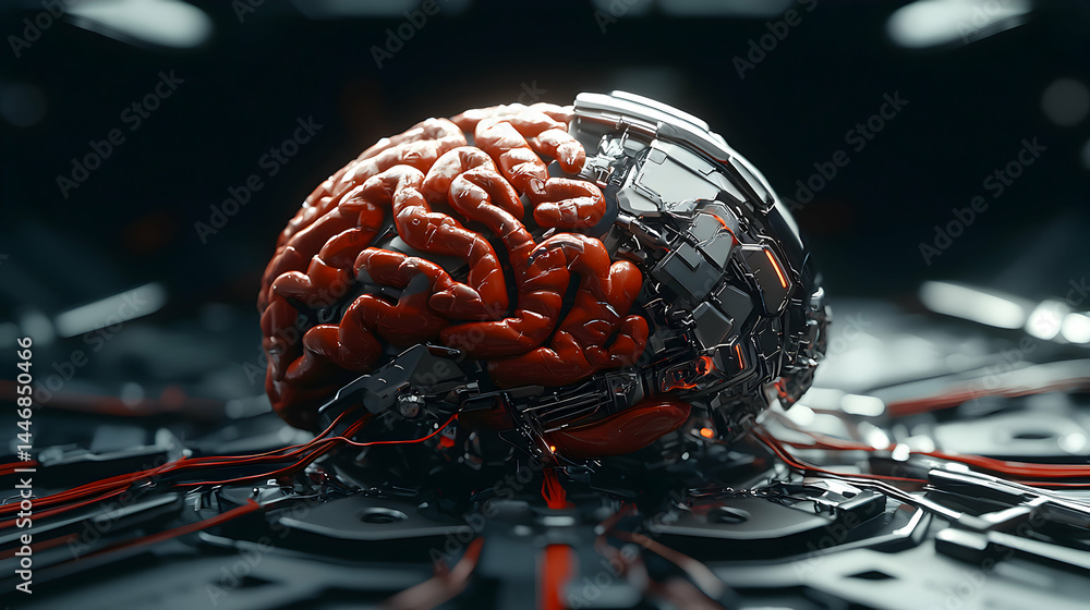 Poster a futuristic depiction of a human brain integrated with cybernetic components suggesting advanced te