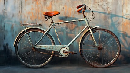 Aged bicycle leaning against a weathered wall.