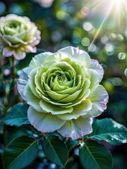 Sunlit Green Rose with Dew-Kissed Petals in a Garden