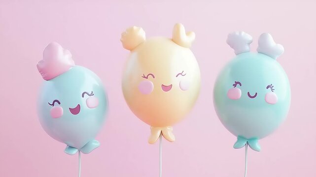 Colorful cartoon balloons with cheerful expressions against a soft pink background, ideal for celebrations