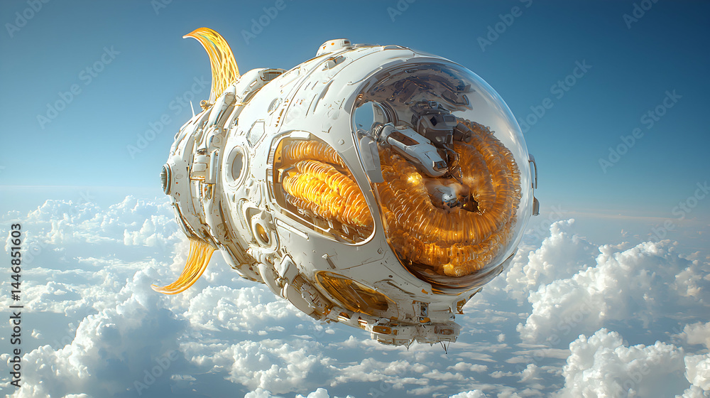 Poster a futuristic craft resembling a flying fish. its design combines organic and mechanical elements. id
