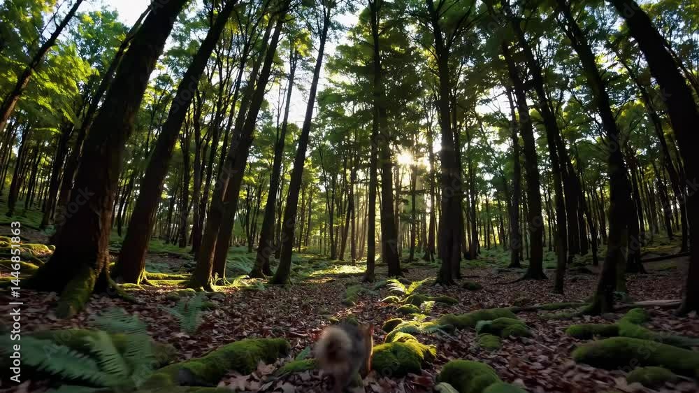 Poster a serene forest scene captured with a low-angle lens, sunlight filtering through tall trees, creatin