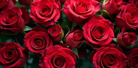 Obraz premium A lush backdrop of crimson red roses, perfect for Valentine's Day designs, holiday, love, celebration