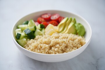 A vibrant bowl of quinoa topped with cucumber, cherry tomatoes, avocado, and pineapple, set against a light background.