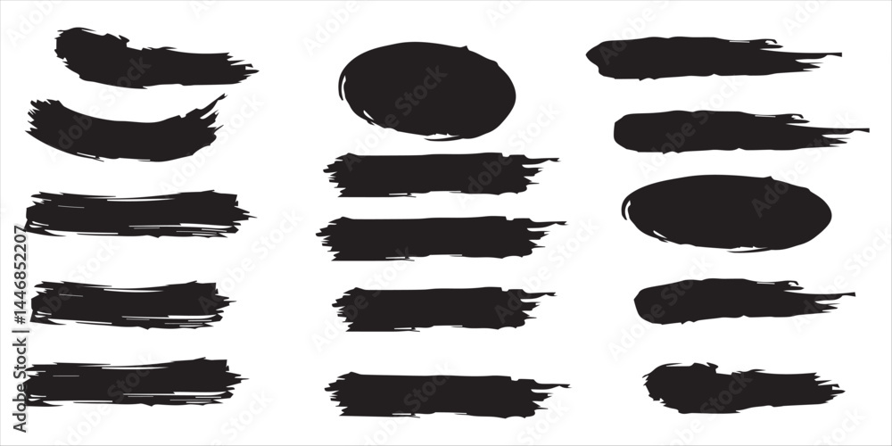 Poster vector black paint brush spots, highlighter lines or felt tip pen marker horizontal blobs. marker pe