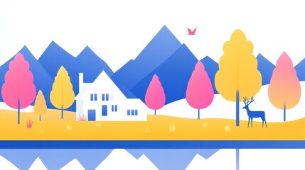Naklejka premium Stylized landscape illustration featuring a house nestled amidst colorful trees reflected in water against a backdrop of stylized mountain peaks