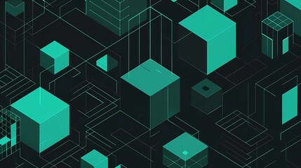 A t-shirt print ideas, geometric vector, lineart graphic design style, showing idea of blockchain technology, bold lines, teal, dark teal and light teal with black background, Generative AI 