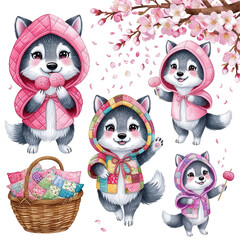 Fototapeta premium A whimsical collection of charming wolf cubs in various endearing poses, surrounded by blooming cherry blossoms. The illustrations exude a sense of playfulness and cuteness