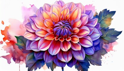 Obraz premium Dahlia flower on a white background. Watercolor illustration chrysanthemum