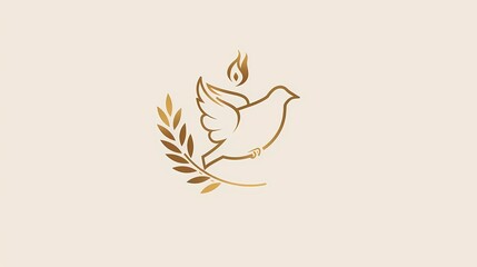 A vector peace dove holding an olive branch logo in gold outline on a white background, flame above dove head, Generative AI illustrations.