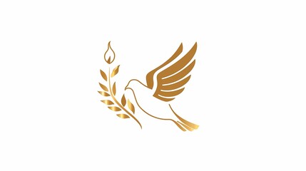 A vector peace dove holding an olive branch logo in gold outline on a white background, flame above dove head, Generative AI illustrations.