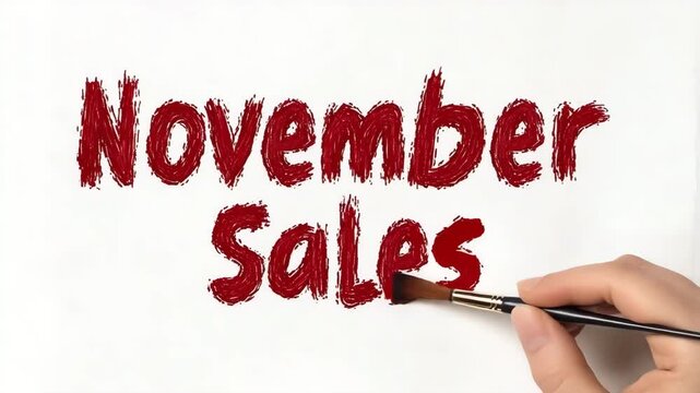 November Sales Announcement: A hand carefully paints the words "November Sales" with artistic brushstrokes, the vibrant red letters pop against the canvas in a captivating display