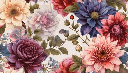 Delicate flowers hand drawn. Seamless pattern with dahlia, roses, anemones. digital printin