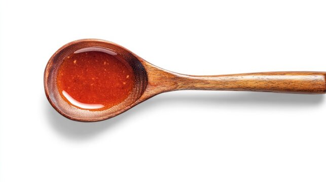 Wooden spoon holding a reddish sauce