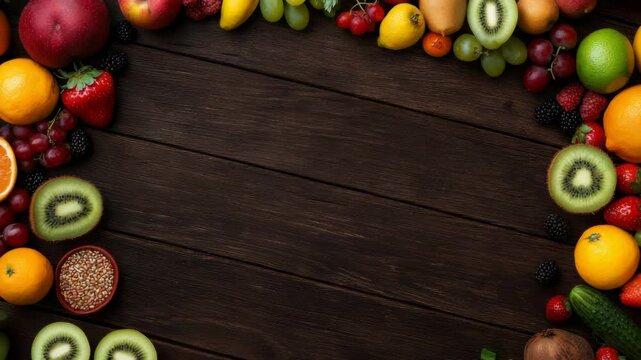 Fruit Frenzy: A vibrant cornucopia of fresh, colorful fruits, artfully arranged on a rustic wooden surface. It's a visual feast!