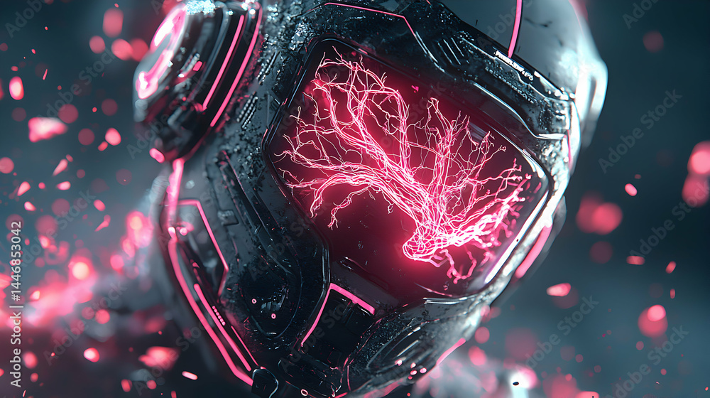 Poster futuristic helmet design with glowing circuitry. perfect for sci-fi game concepts or digital art pro