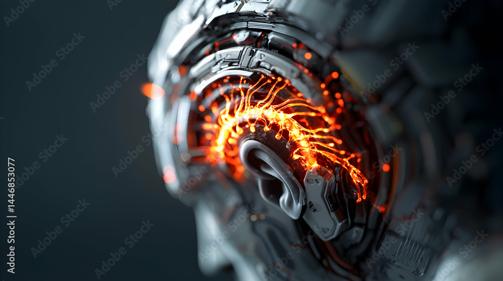 Poster futuristic cyborg head with glowing internal circuitry. suggests advanced technology and artificial 