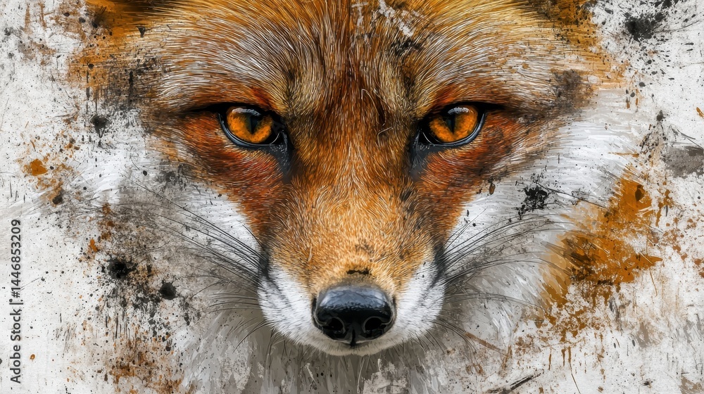 Poster captivating fox portrait in a speckled style revealing intense eyes and textured fur creating an int
