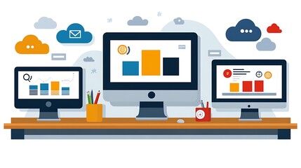 Modern workspace with data visualization and cloud