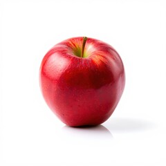 Crisp, glossy red apple on a clean white background, showcasing its vibrant color and fresh, juicy appeal with soft lighting and minimalistic composition.

