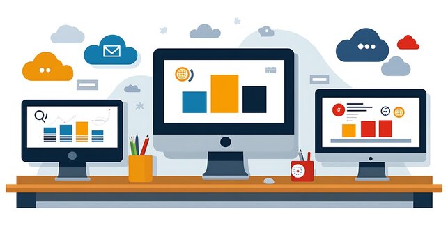 Modern workspace with data visualization and cloud