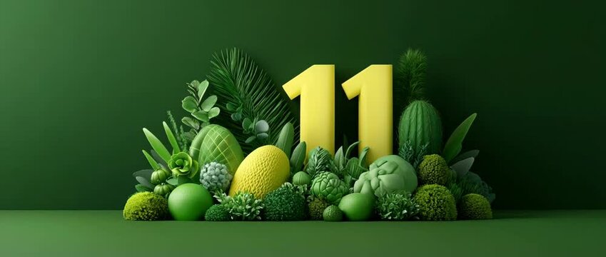 Numeral 11 Composition with Green Plants: A visually striking composition, featuring the number "11" artfully arranged amidst an array of fresh, vibrant green plants.