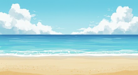 Fototapeta premium Serene Beach Scene With Blue Ocean, Sandy Shore, And Fluffy Clouds