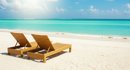 Obraz premium Tropical Beach Scene with Lounge Chairs on White Sand