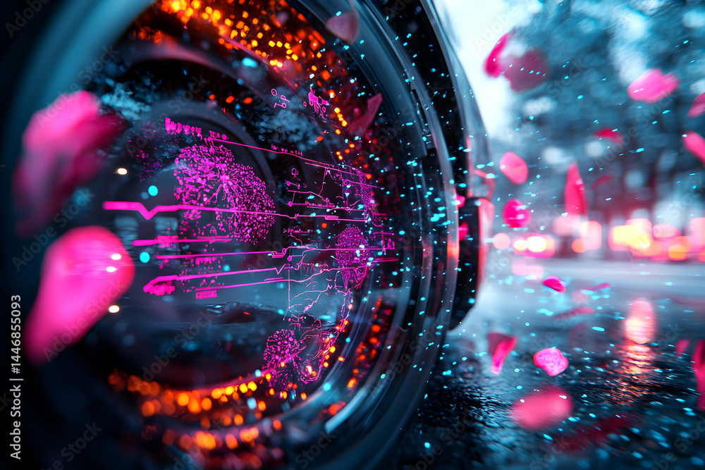 Poster abstract lens art with vibrant colors and a digital schematic. this image could be used for tech-rel