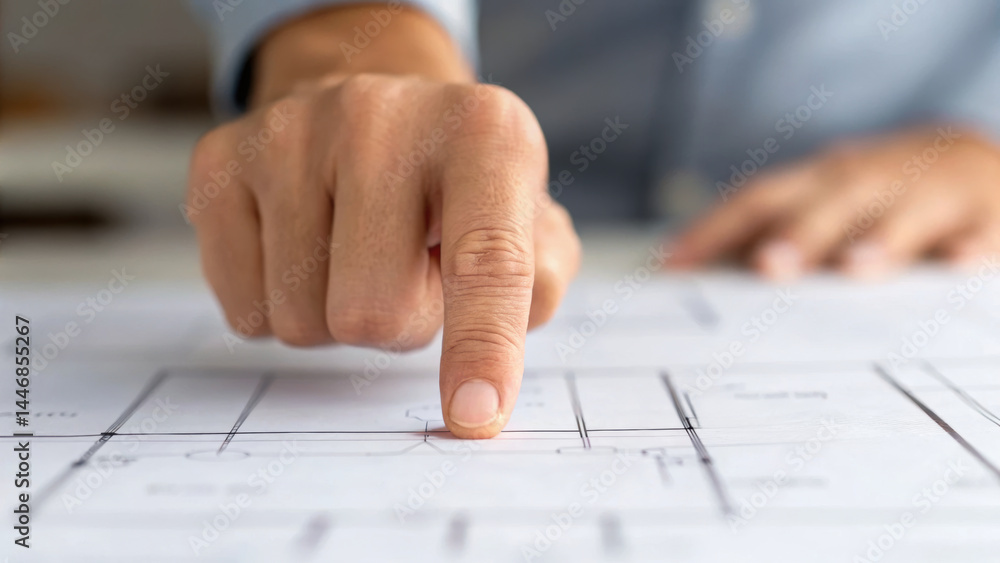 Aufkleber mechanical consulting concept is represented by hand pointing at technical drawings on table conveyi