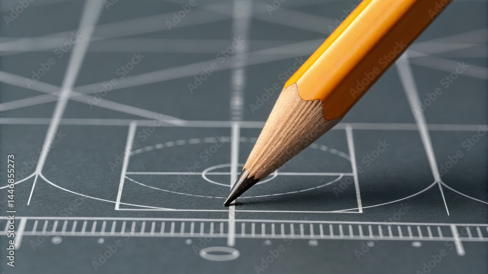 Aufkleber mechanical pencil points to detailed consulting concept blueprint with precise lines and measurement