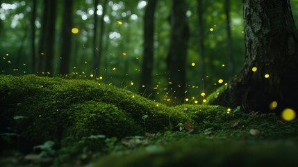 Magical forest scene with fireflies illuminating a mossy tree trunk.