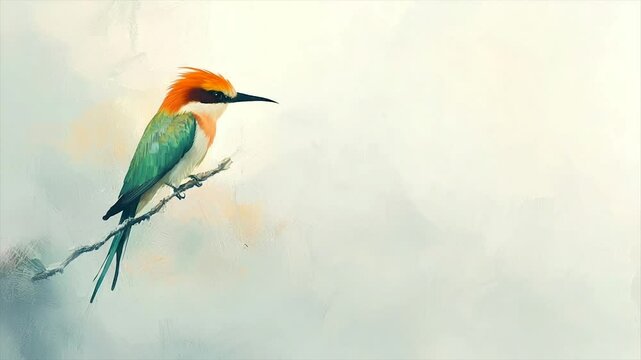 A colorful bee-eater perched on a branch. Soft, painterly style