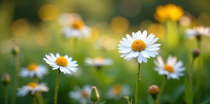 Close-up of chamomile flowers blooming in a vintage garden setting, retro, chamomile, flowers