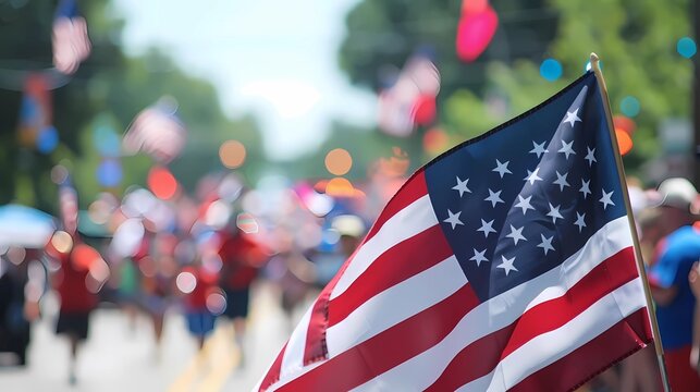 A patriotic 4th of July parade, American flag in sharp focus in the foreground, Generative AI illustrations.