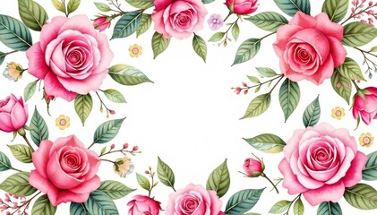 Intricate watercolor roses & leaves, repeating design, leaves, vector