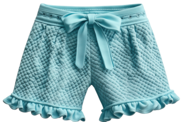 Adorable baby girl s aqua shorts with a cute bow quilted texture and ruffled trim Studio shot on transparent background