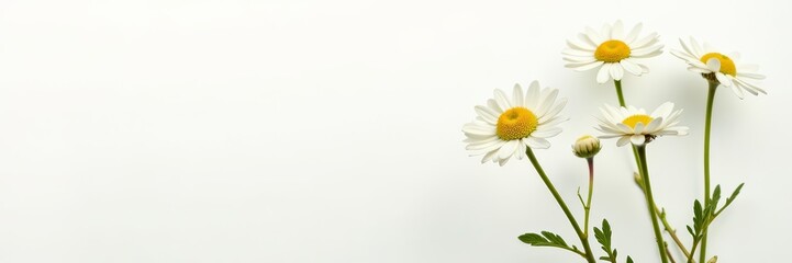 Naklejka premium Close-up of delicate white chamomile flowers against a white background, nature, botanical, calming