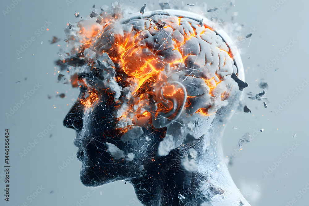 Poster an artistic representation of an exploding mind. can be used for mental health awareness or science 