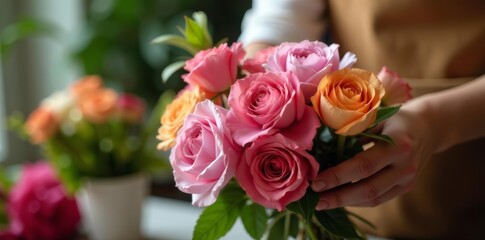 Obraz premium Close-up of florist's hands selecting fresh flowers for a bouquet, selection, floristry, nature