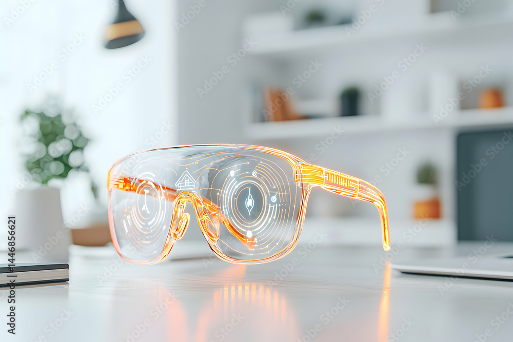 Poster futuristic smart glasses overlaying digital information. they are likely used for augmented reality 