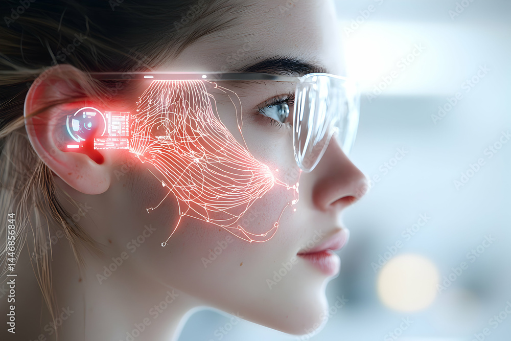 Poster futuristic portrait showcasing technology integration. the glasses and ear device overlay digital da