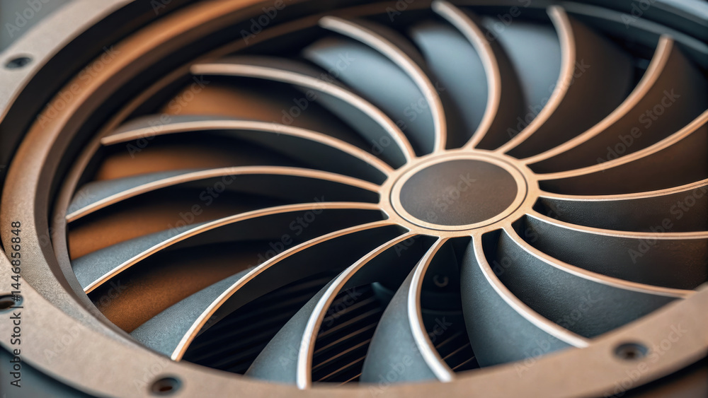 Poster mechanical fan concept with curved blades designed for efficient airflow and consulting on industria
