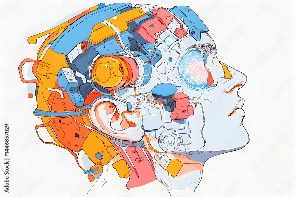 Poster artwork features a cyborg head with exposed mechanical components. ideal for tech related design pro