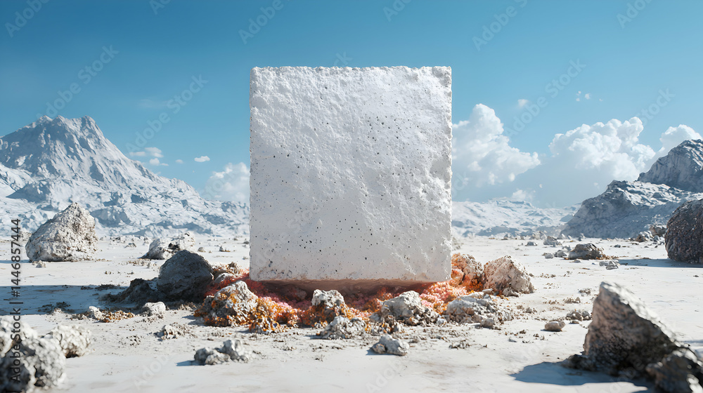 Poster a solitary white concrete block stands in a desolate landscape. use this image for minimalist design