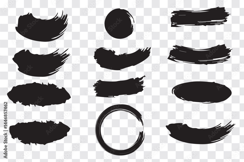 Poster vector black paint brush spots, highlighter lines or felt tip pen marker horizontal blobs. marker pe