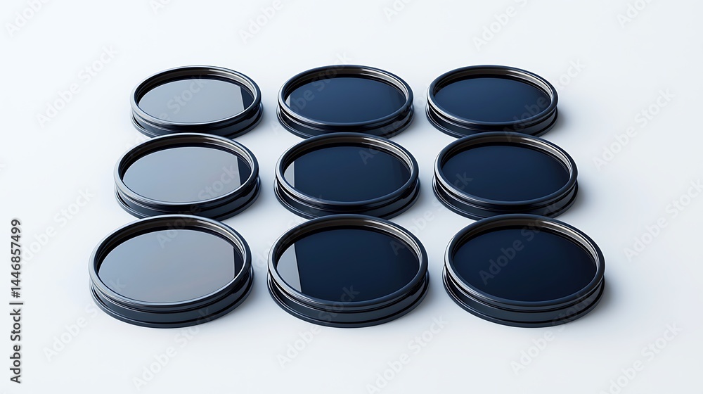 Poster nine round camera lens filters arranged in a 3x3 grid on a white surface.
