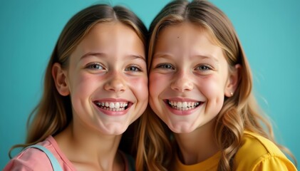 Fototapeta premium Close-up of identical twin teenage sisters with braces, laughing joyfully, sisters, confidence, teens