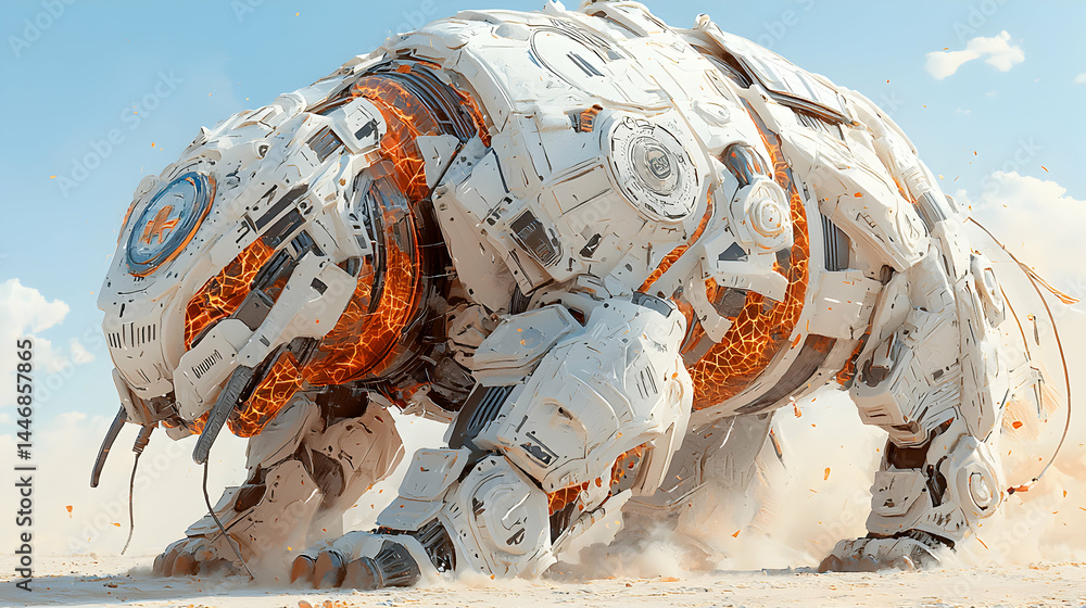 Poster a futuristic robotic creature traversing a desert landscape. its mechanical design evokes power and 